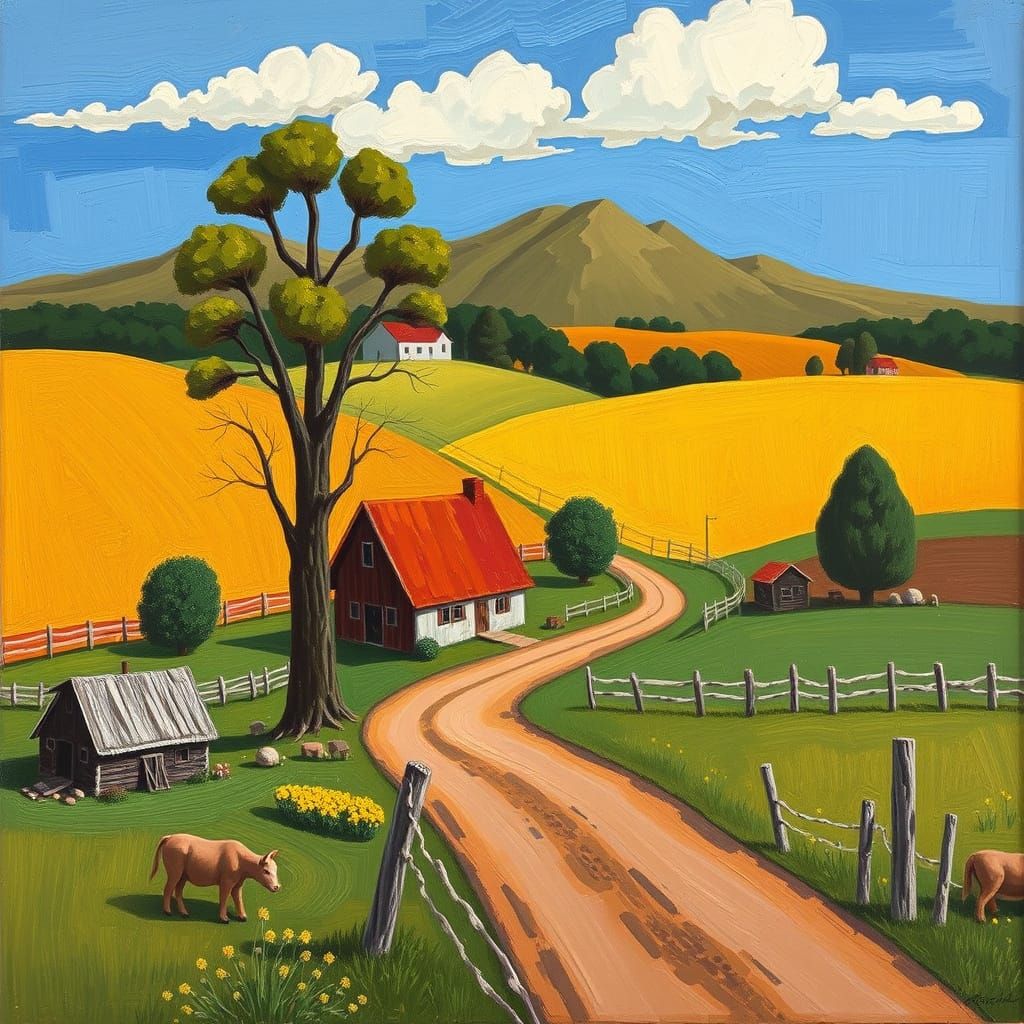 Rural Landscape in Folk Art Style