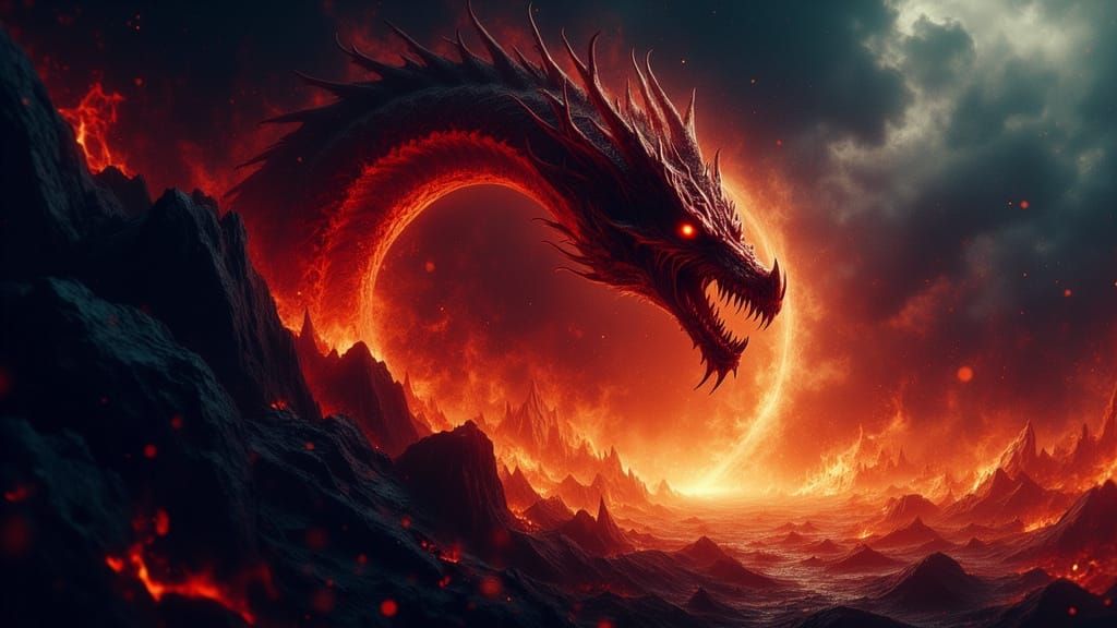 Dragon Amidst Flames and Rainbow: Macabre Art