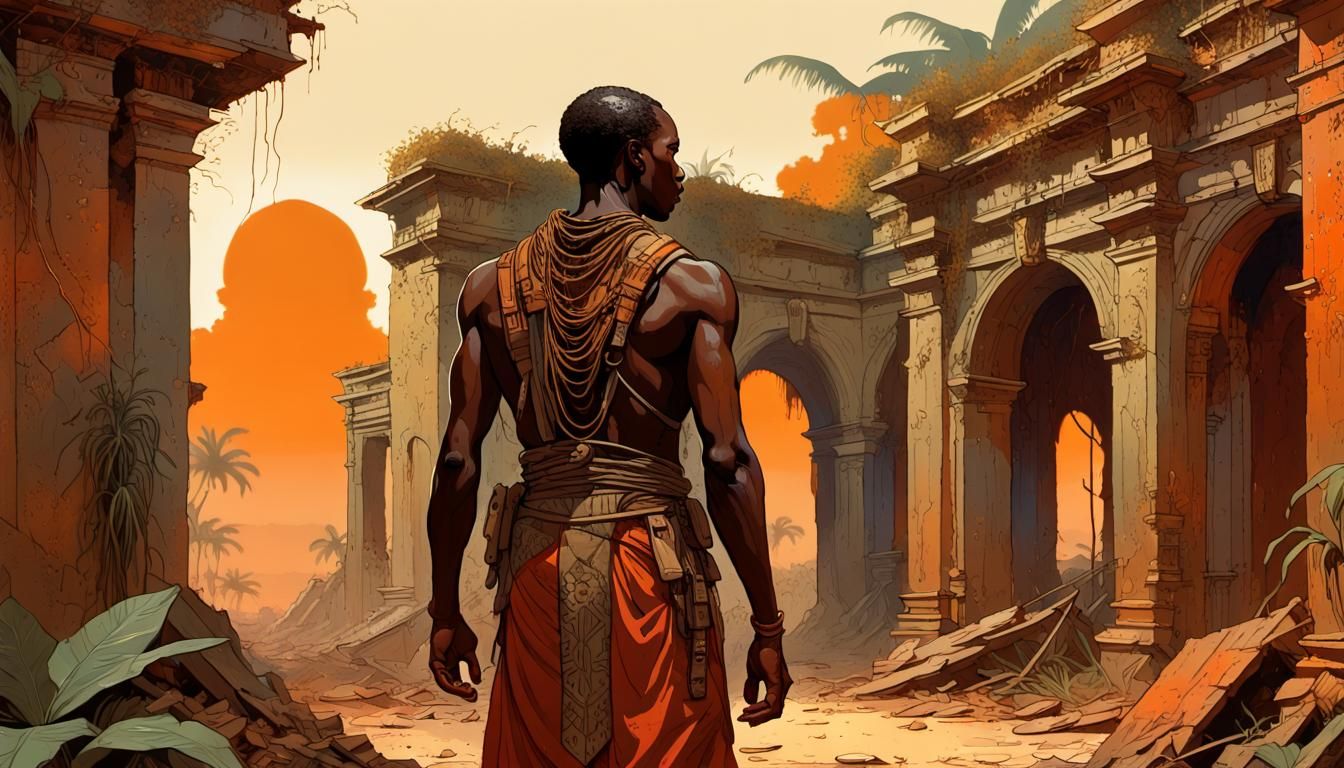 African Warrior in Colonial Ruins: Moebius-Inspired Digital ...