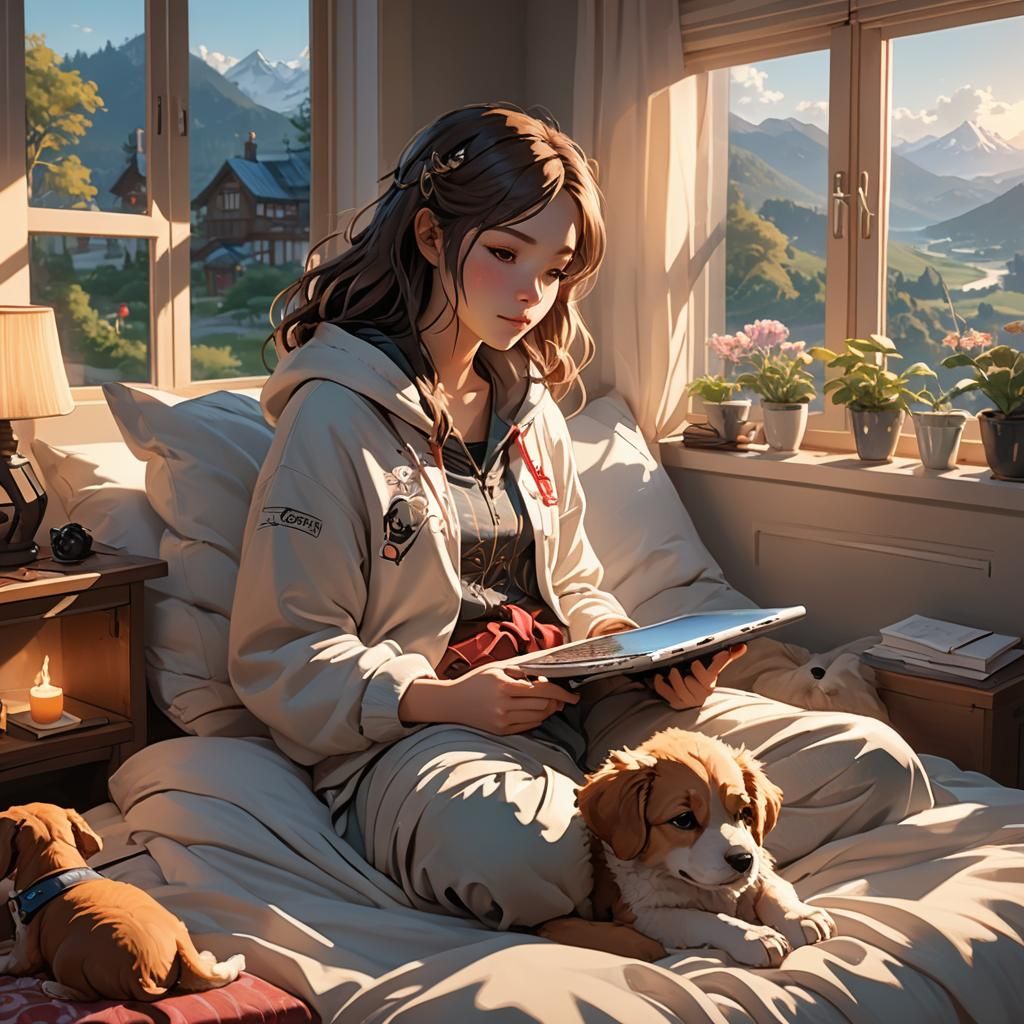 Cozy Morning: Girl and Puppy in Anime Style