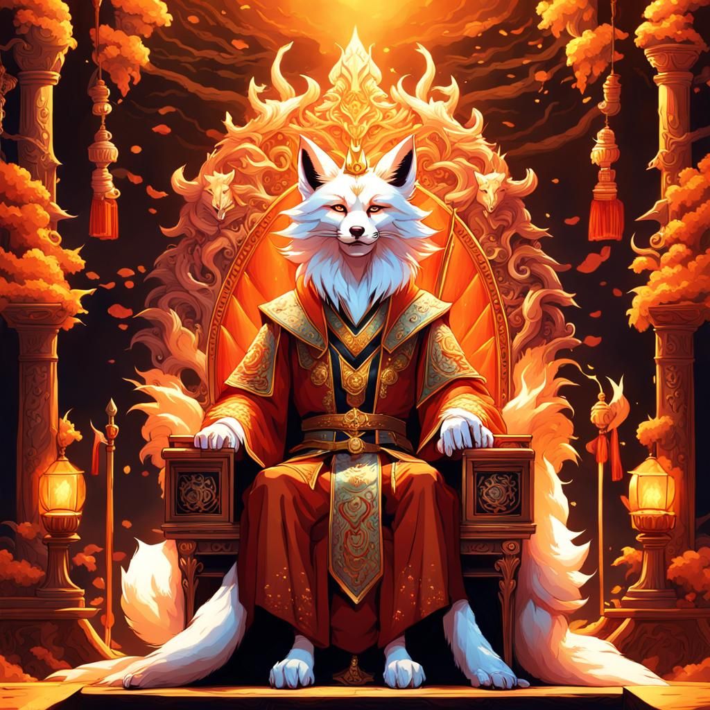 Kitsune Lord on Throne in Takashi Murakami Style