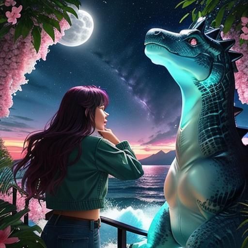 Romantic Dinosaur Dreamscape with Meteorites and Flowers