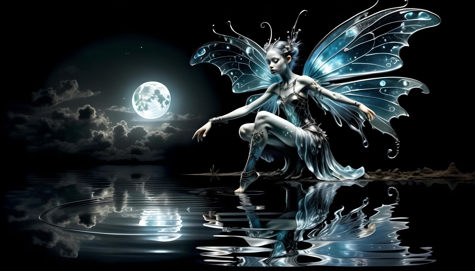 Bioluminescent Fairy Dances in Silver and Black Digital Art