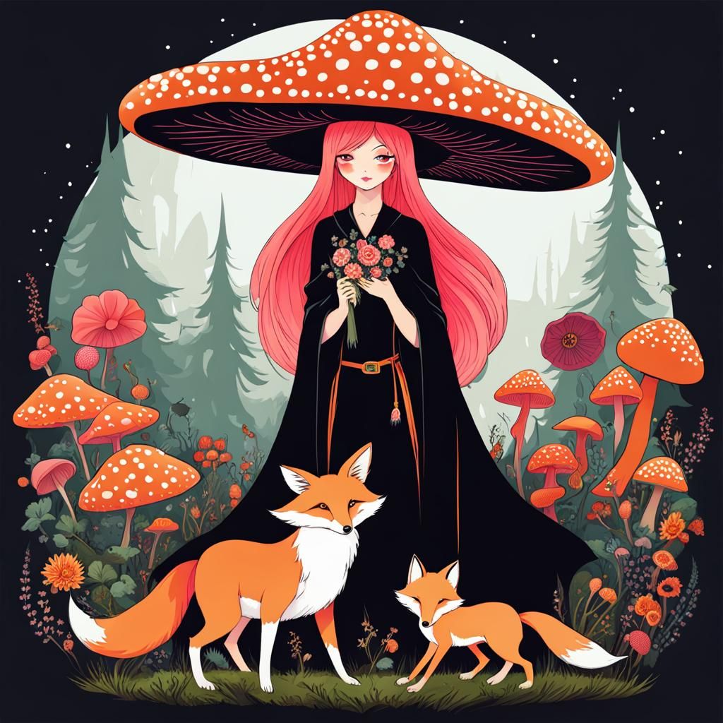 Mushroom Witch and Fox Familiar in Forest