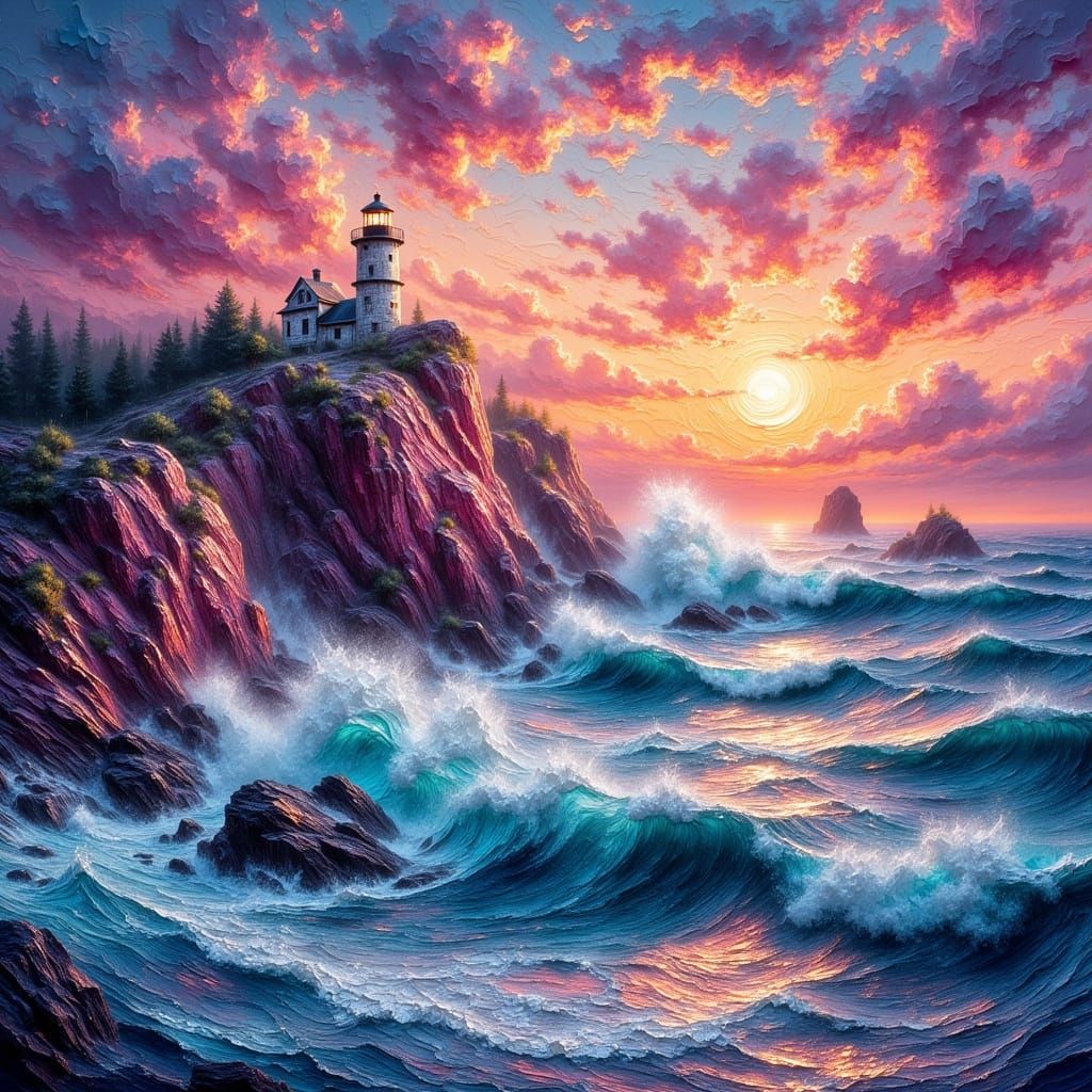 Impressionistic Oil Painting of Lighthouse Sunset Over Turbu...