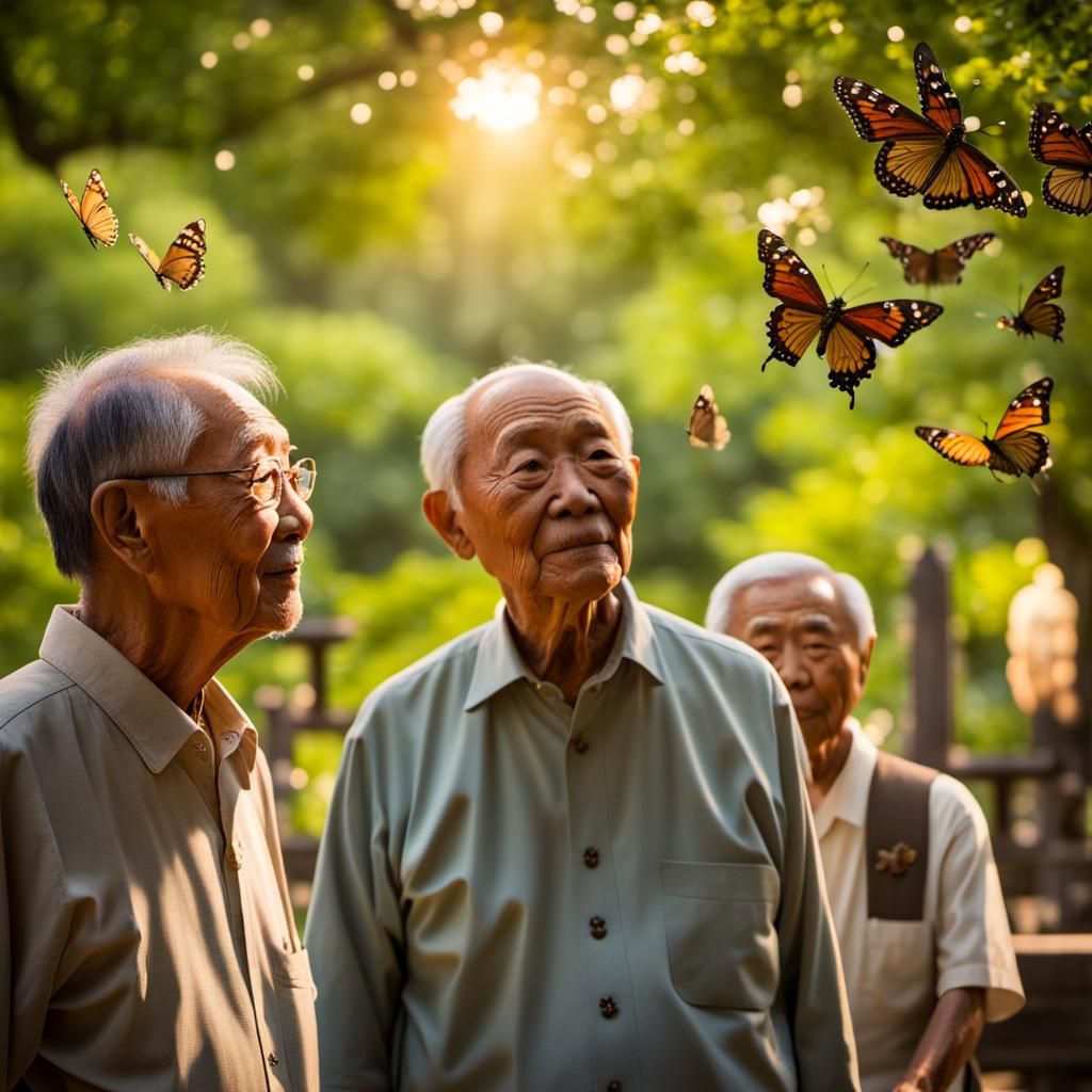 Boy and Man Enjoying Butterflies at Shinto Shrine