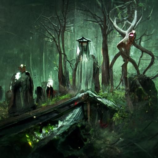 Creepy Satanic Council in Forest, Gothic Horror Art