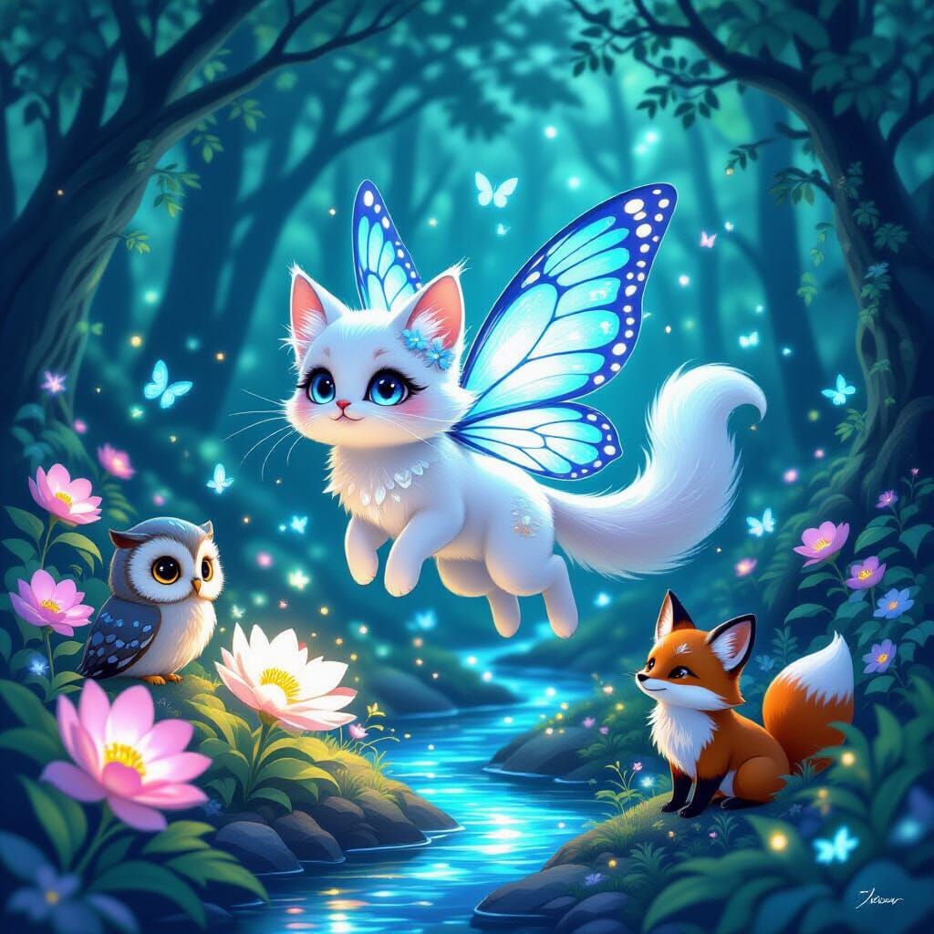 Cat Fairy in Bioluminescent Forest, Kawaii Style