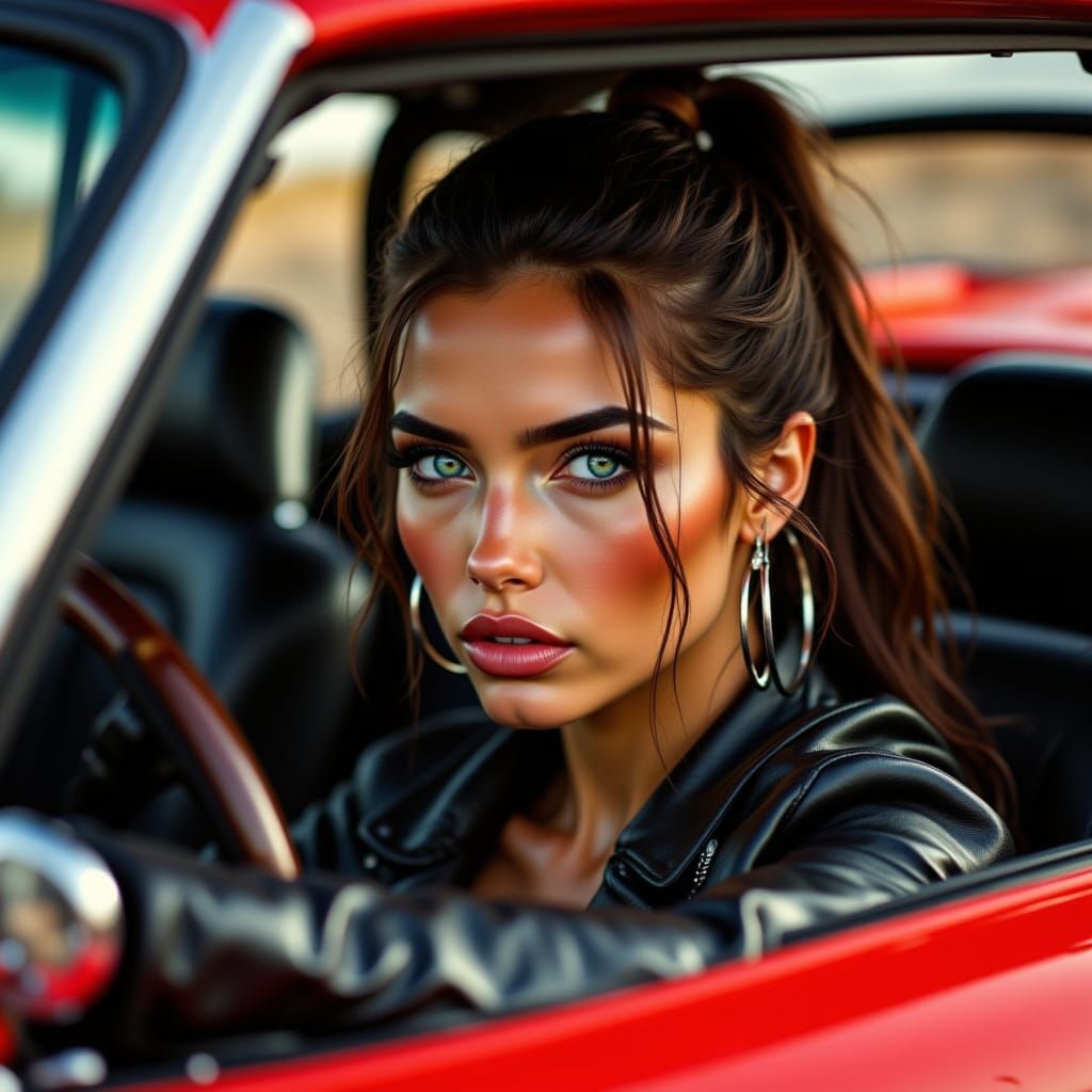 Woman in Leather Jacket Drives Red Porsche