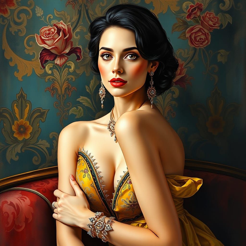 Elegant Woman in Gouache Style, Lavish Setting