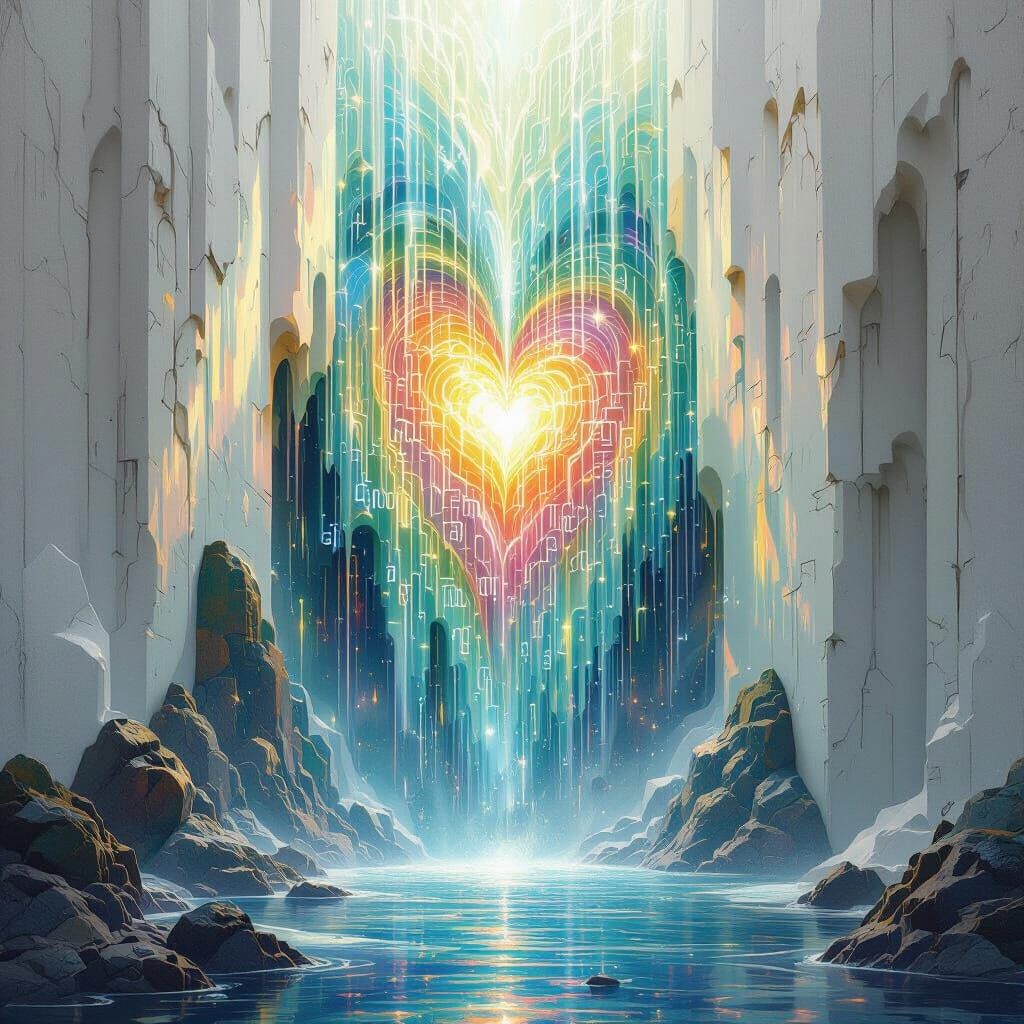 Luminous Words Waterfall Against Crystal Walls