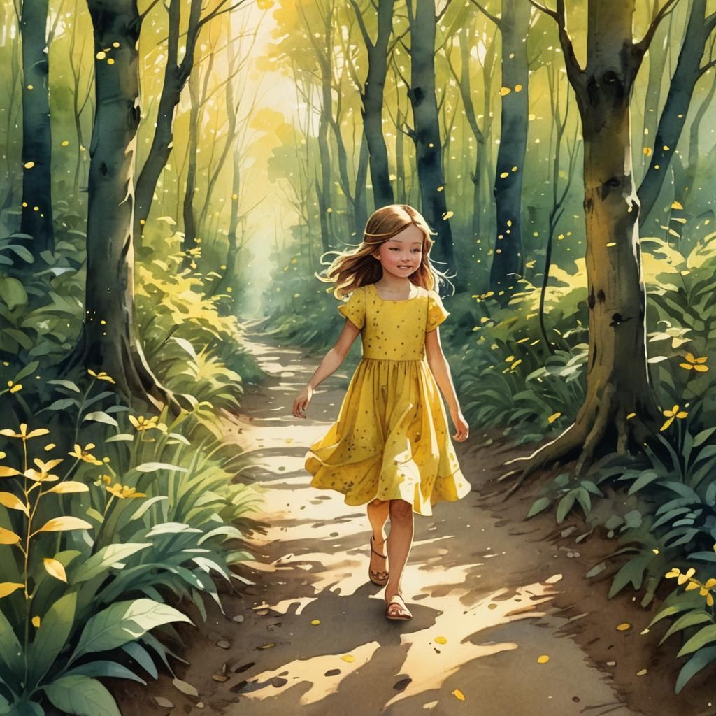 Fairytale Girl on Forest Path: Watercolor Illustration