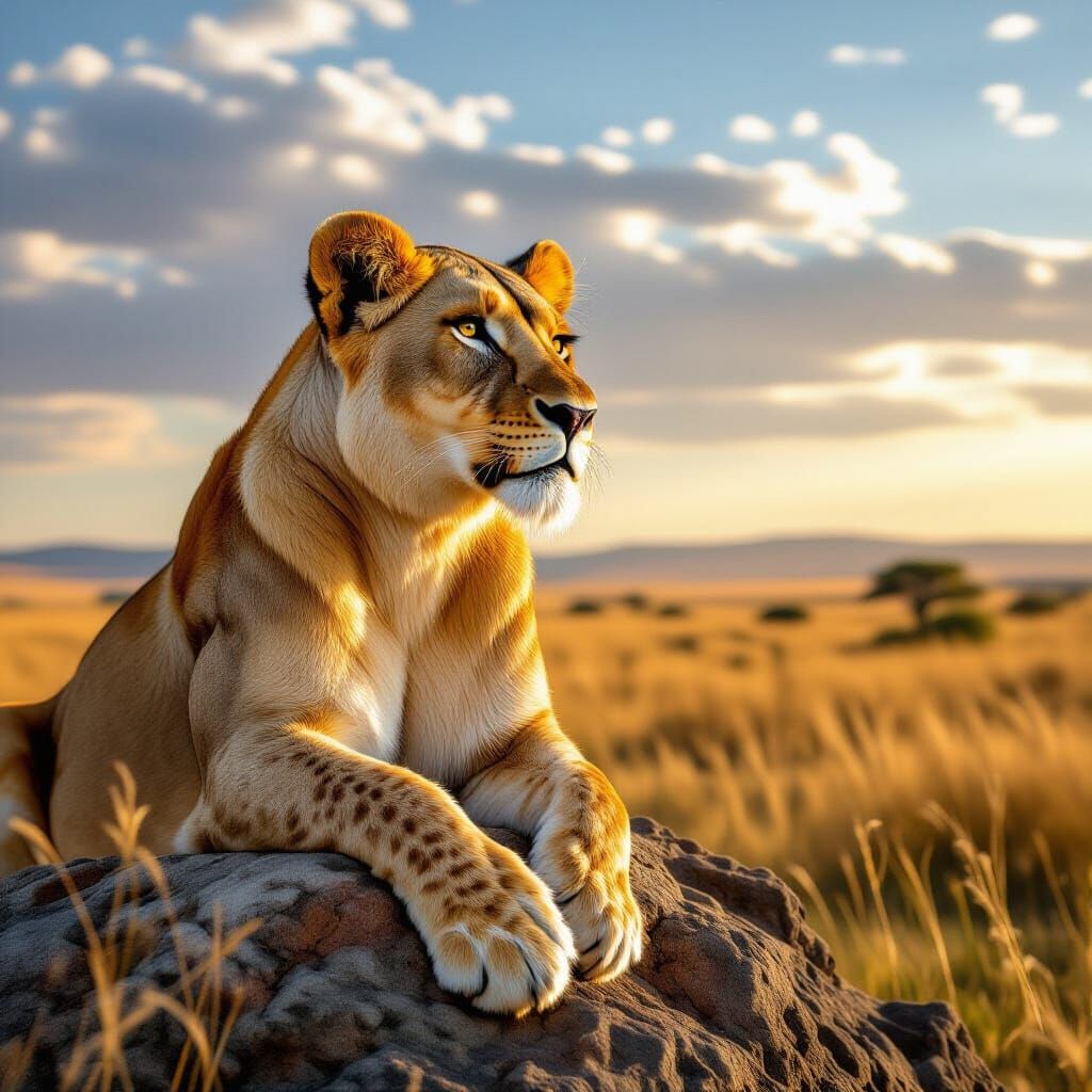 A regal lioness, adorned with intricate tribal markings, sur...