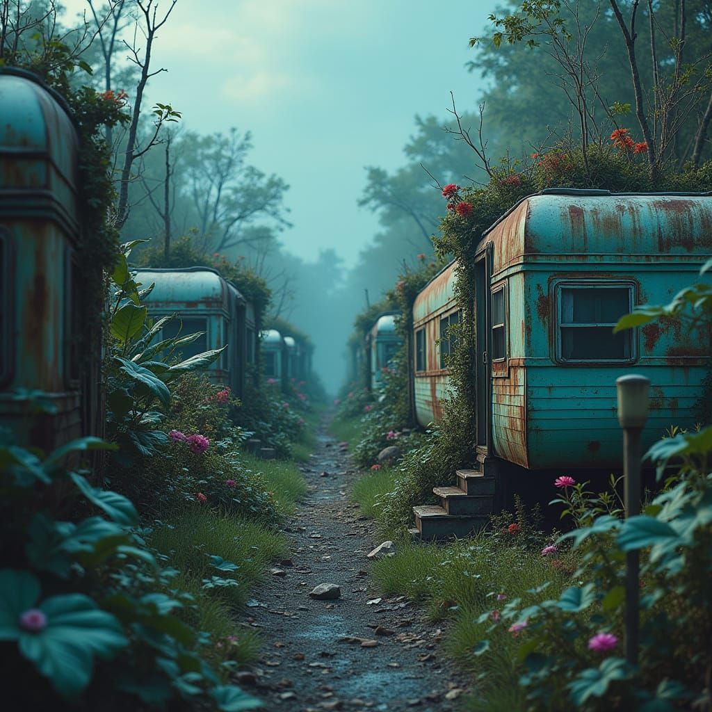 Vibrant, Surreal Paradise Amidst Apocalypse Ruins