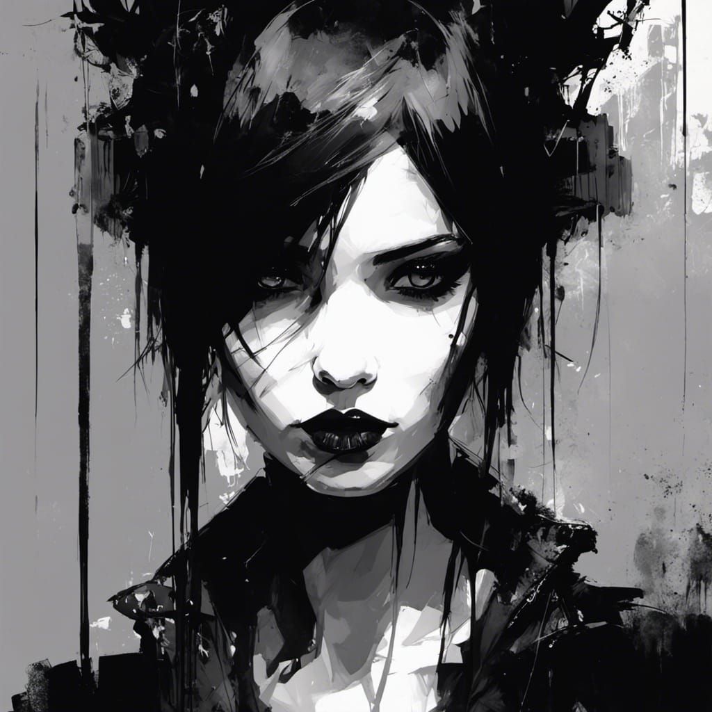 Moody Goth Punk Girl Portrait in Russ Mills Style