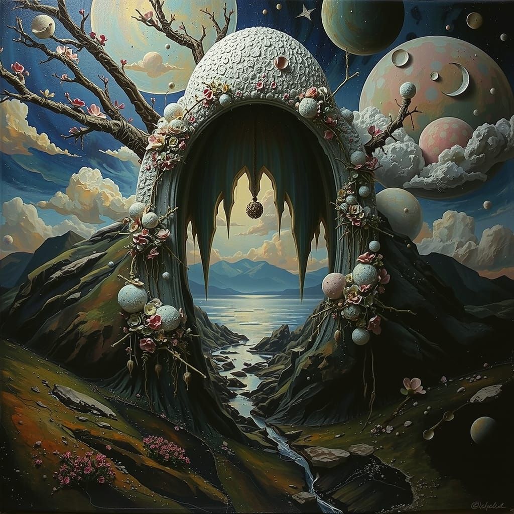 Dreamlike Amoeboid Landscape Painting in Pink, Blue, and Whi...