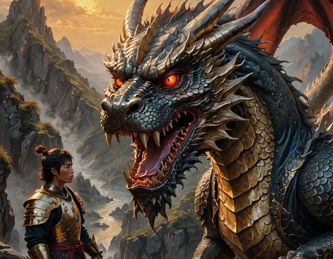 Chinese Dragon Glaring at Knight: Hyperrealistic Oil Paintin...