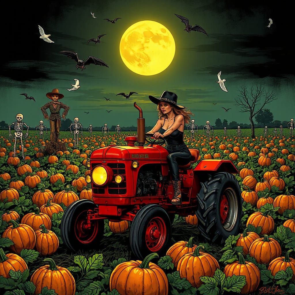 Goth Woman Rides Tractor Through Haunted Pumpkin Field