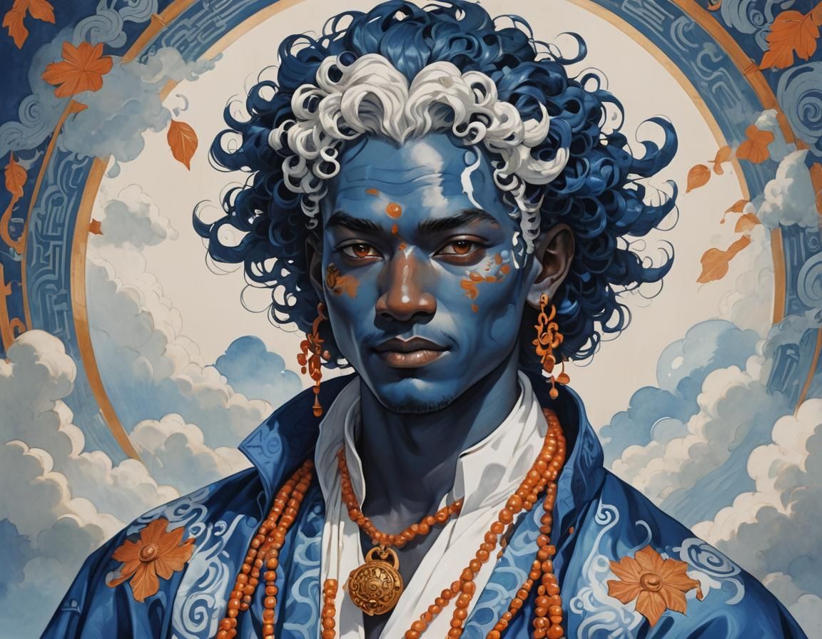 Blue-Skinned Man Reading in Temple Dojo