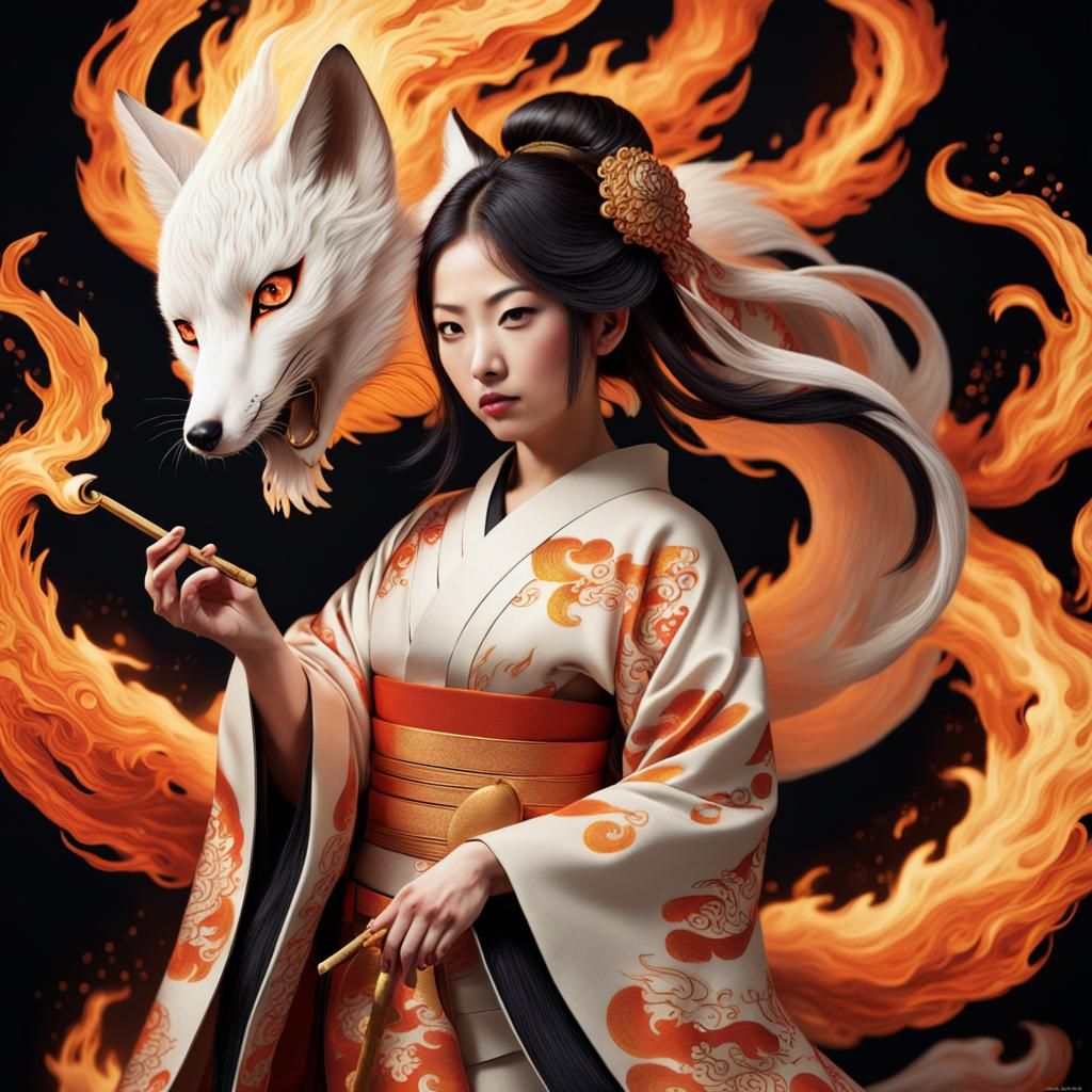 Kitsune Woman Casting Flames in Kimono