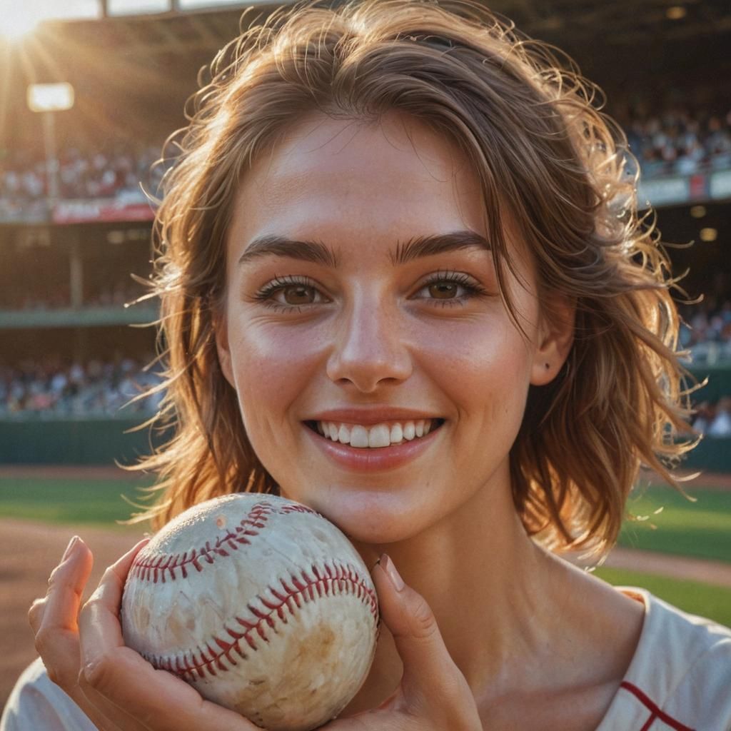 Hyperrealistic Portrait of Woman Holding Baseball