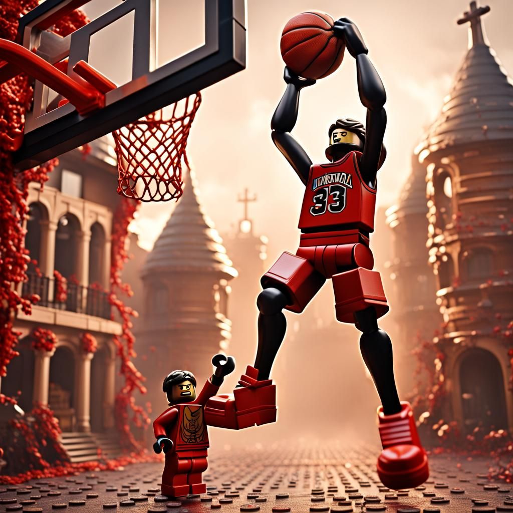 LEGO Man Dunks Over Satan: Detailed Matte Painting