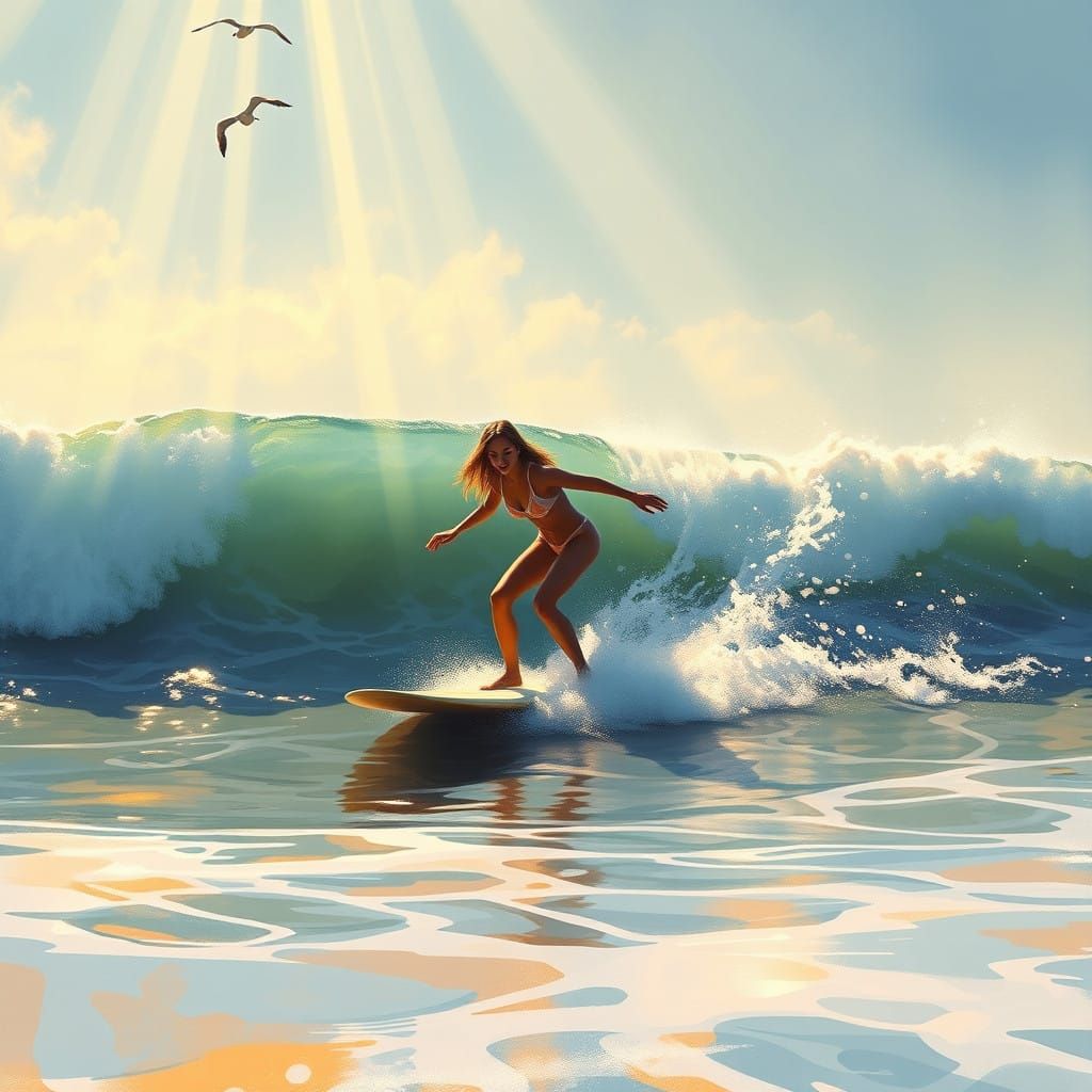 A Dreamy Wave Ride in Soft Impressionist Style