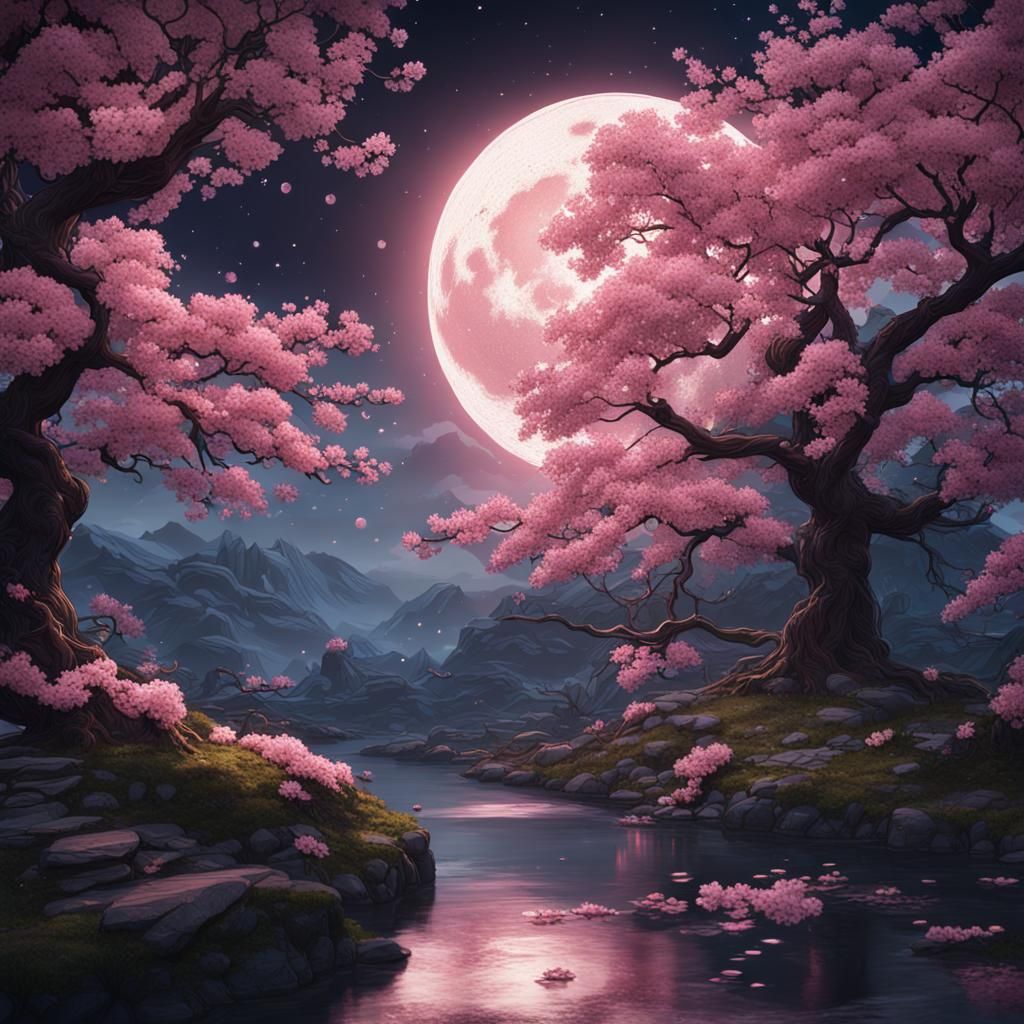 Cherry Blossoms and Moon: Detailed Matte Painting