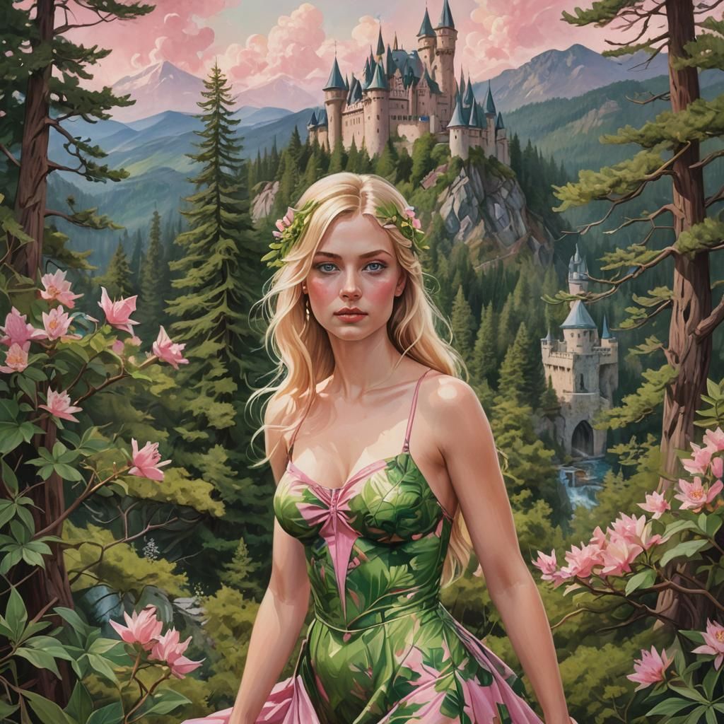 Fantasy Girl in Floral Dress, Oil Painting