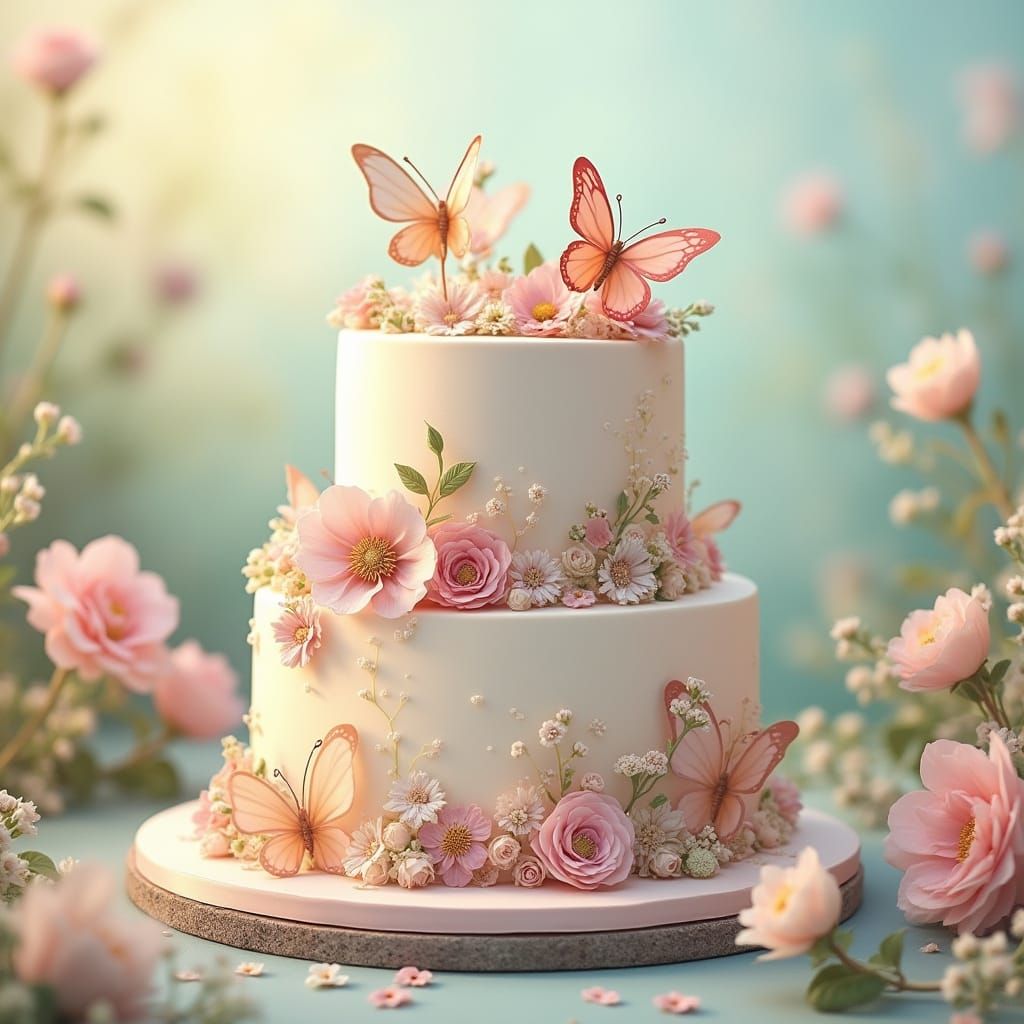Whimsical Cake with Sugar Butterflies in Pastel Garden