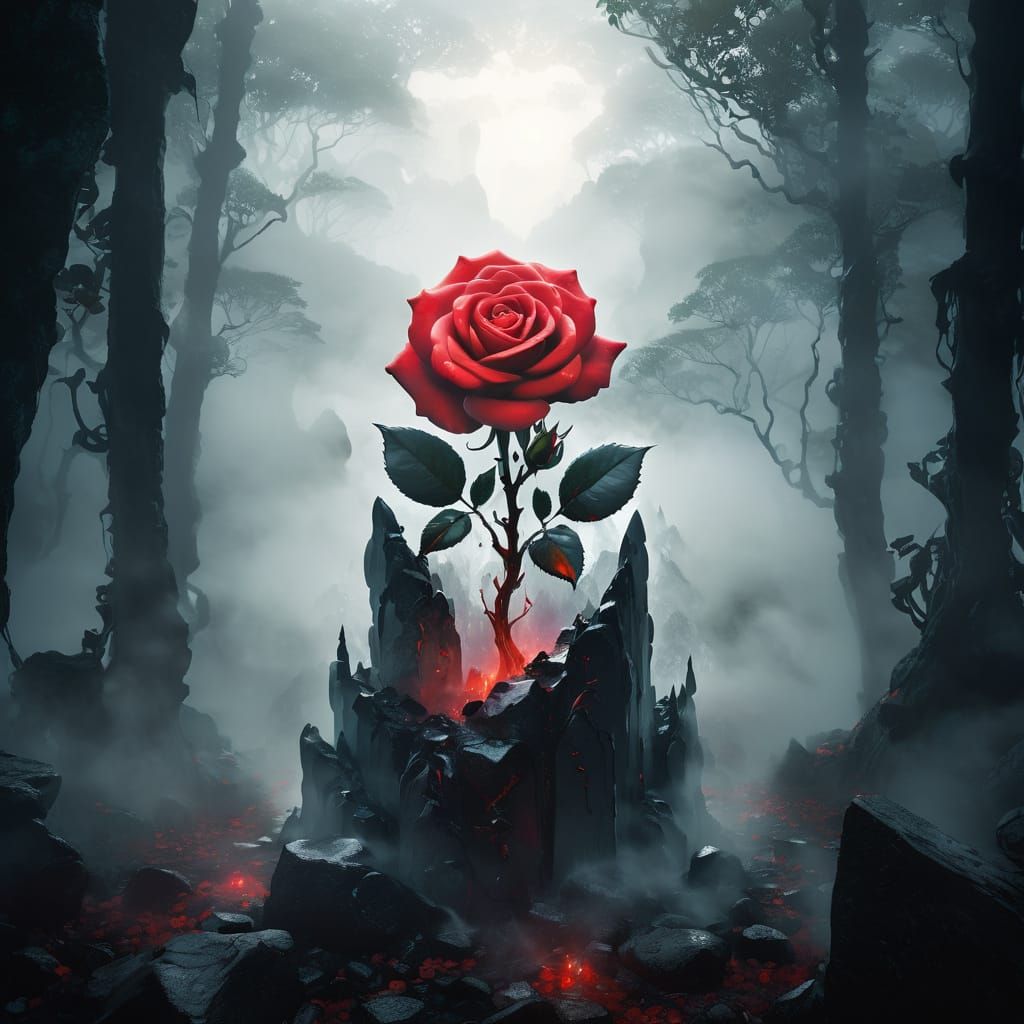 Mystical Rose Blooms on Obsidian Monolith in Foggy Forest