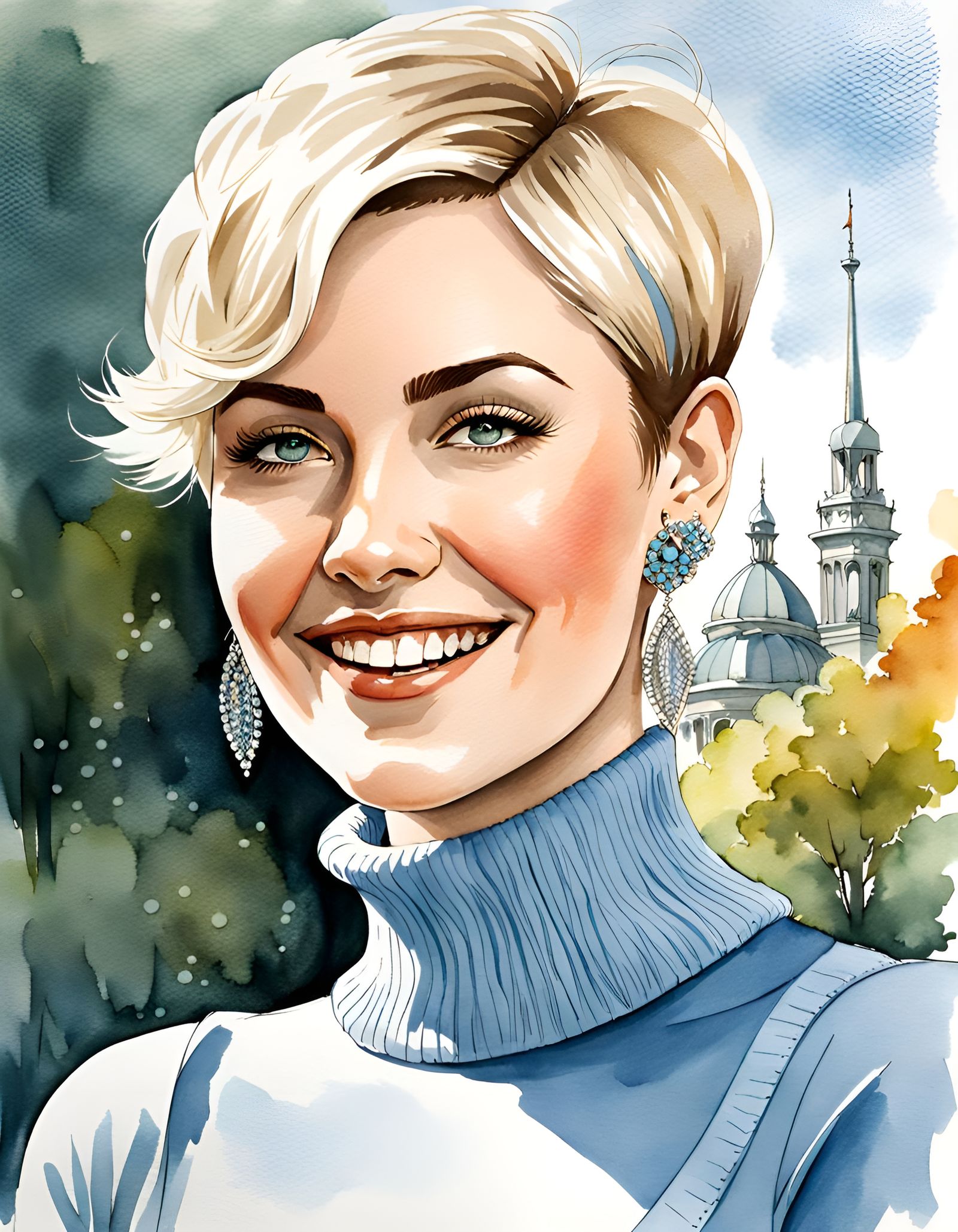 Watercolor Portrait of a Blond Woman in City Park