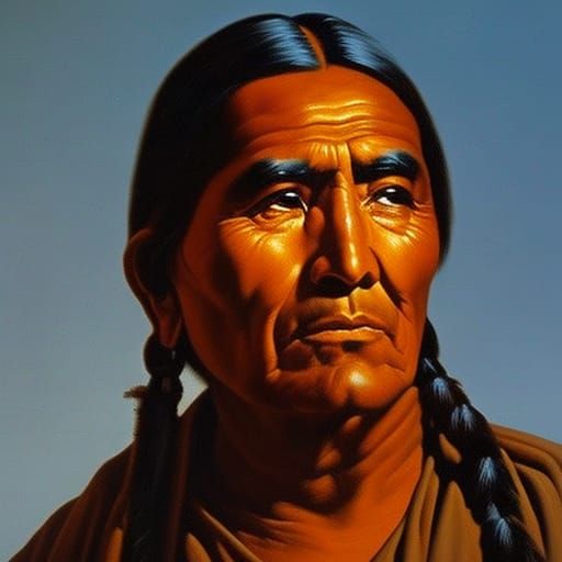 Pensive Native American Man Portrait in Oil
