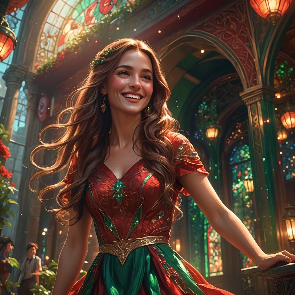 Beautiful Woman in Red Dress: Art Nouveau Fantasy