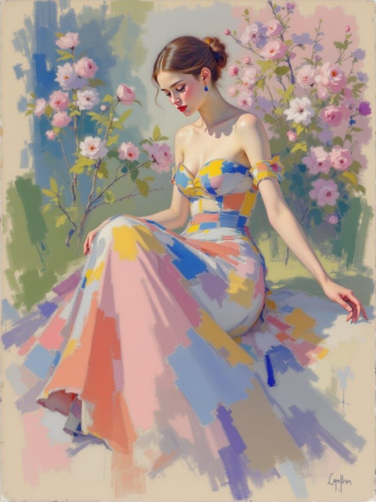 Pin-Up Figure Study in Mondrian Style Garden