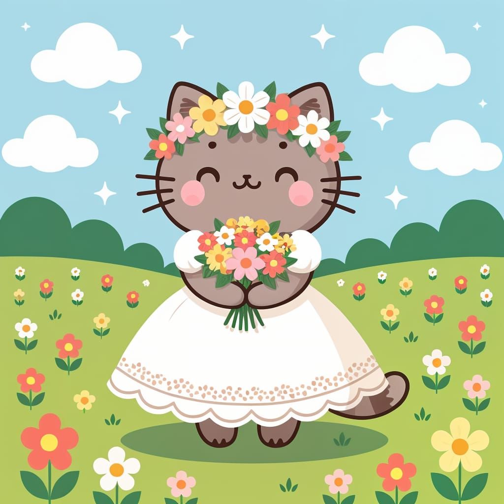Kawaii Pusheen in Floral Dress, Sanrio Style