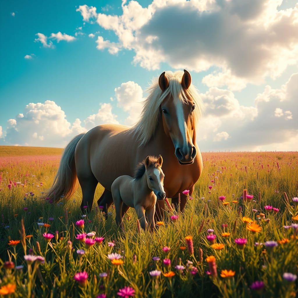 Majestic Horse Mother with Foal in Vibrant Meadow