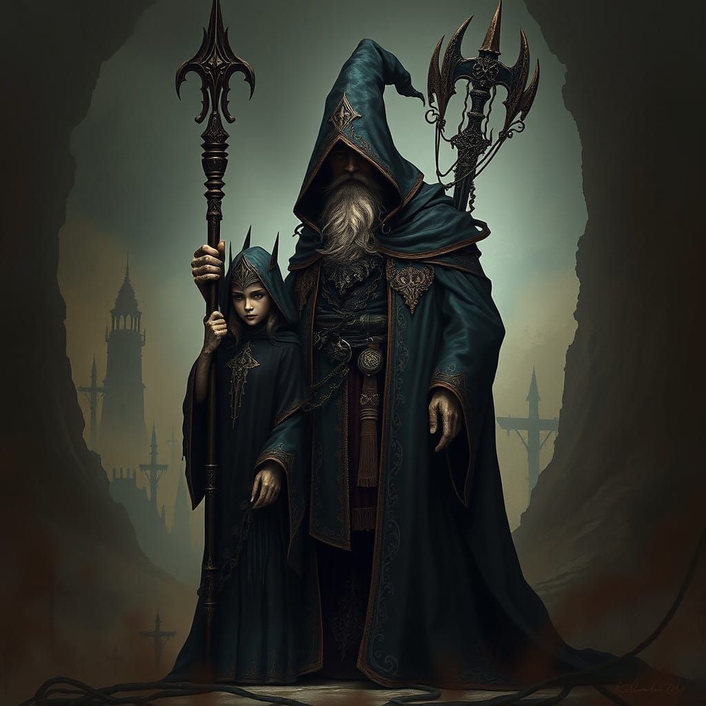 Fantasy Wizard and Daughter Confront the Shadows