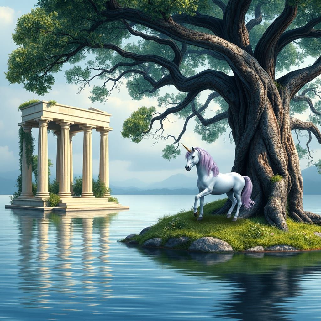 Enchanted Island Oasis with Classical Temple and Unicorn