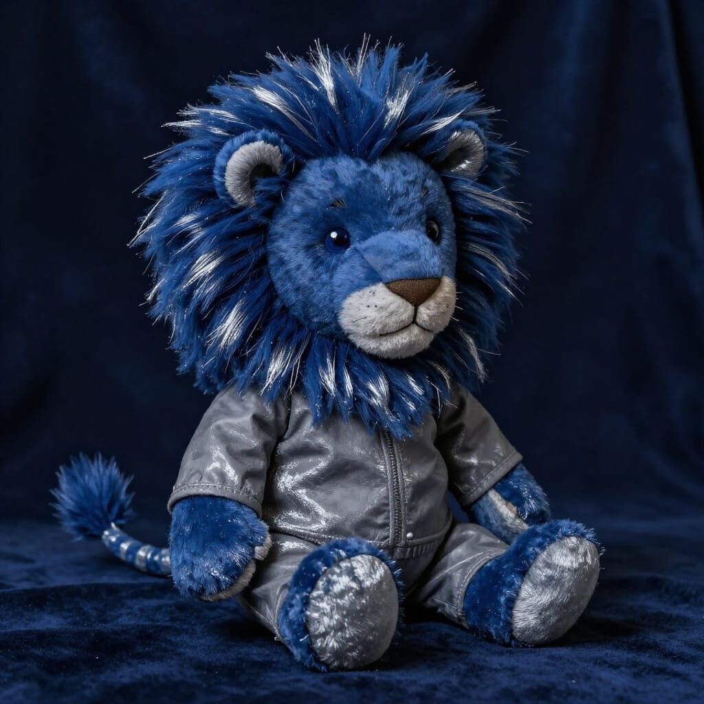 Cute Midnight Blue Stuffed Lion with Sapphire Eyes