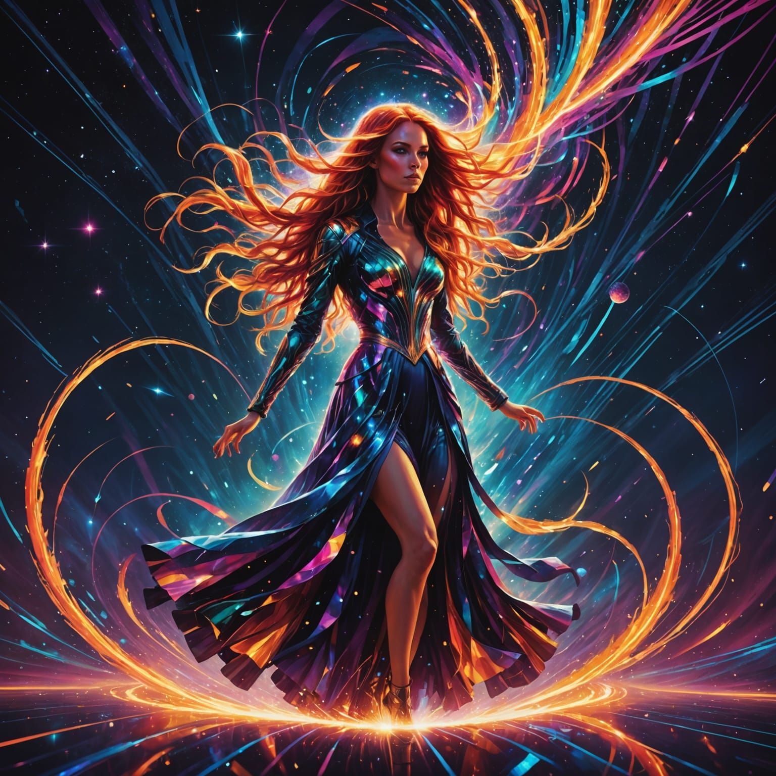Psychedelic Light Woman Striding on Meteor Through Space