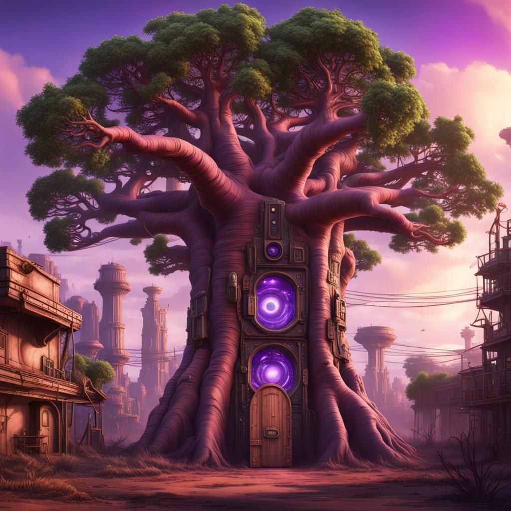 Steampunk Baobab City with Glowing Portal