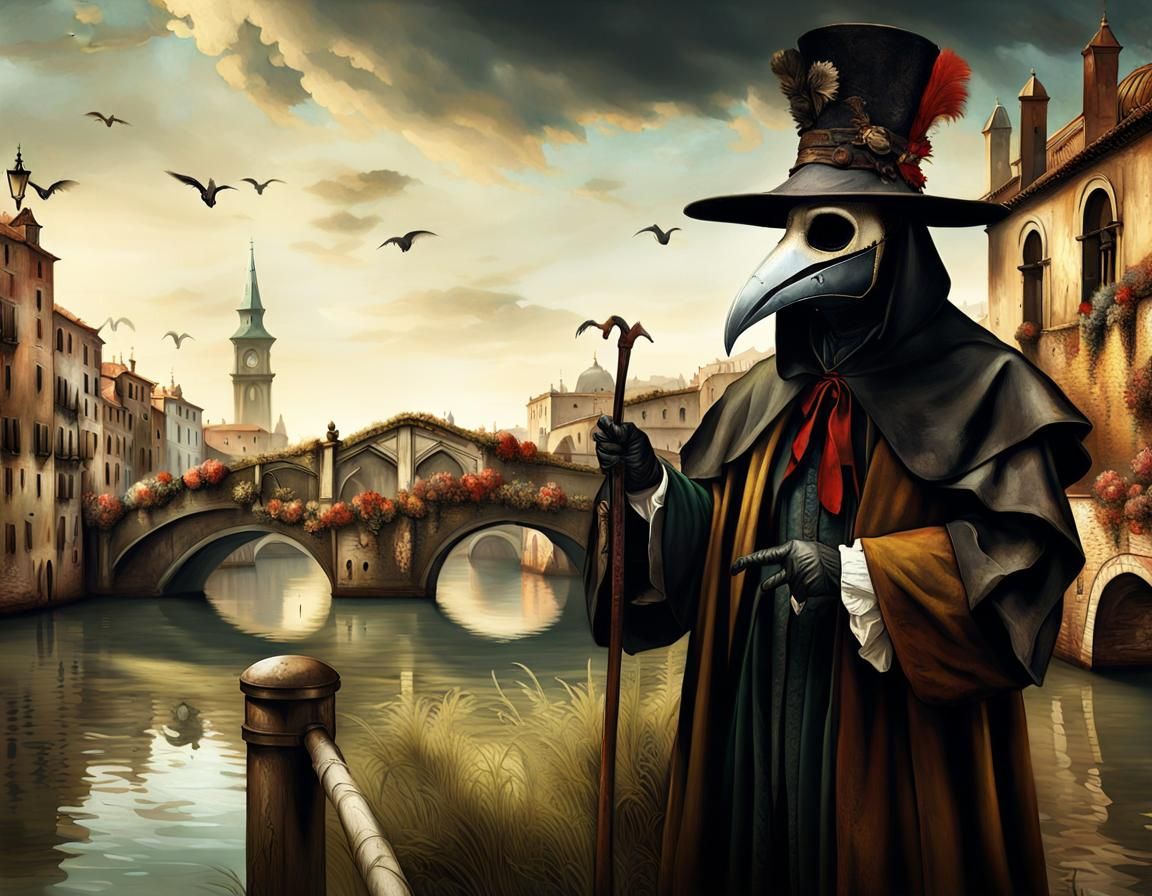 Venetian Plague Doctor with Bridges, Detailed Matte Painting