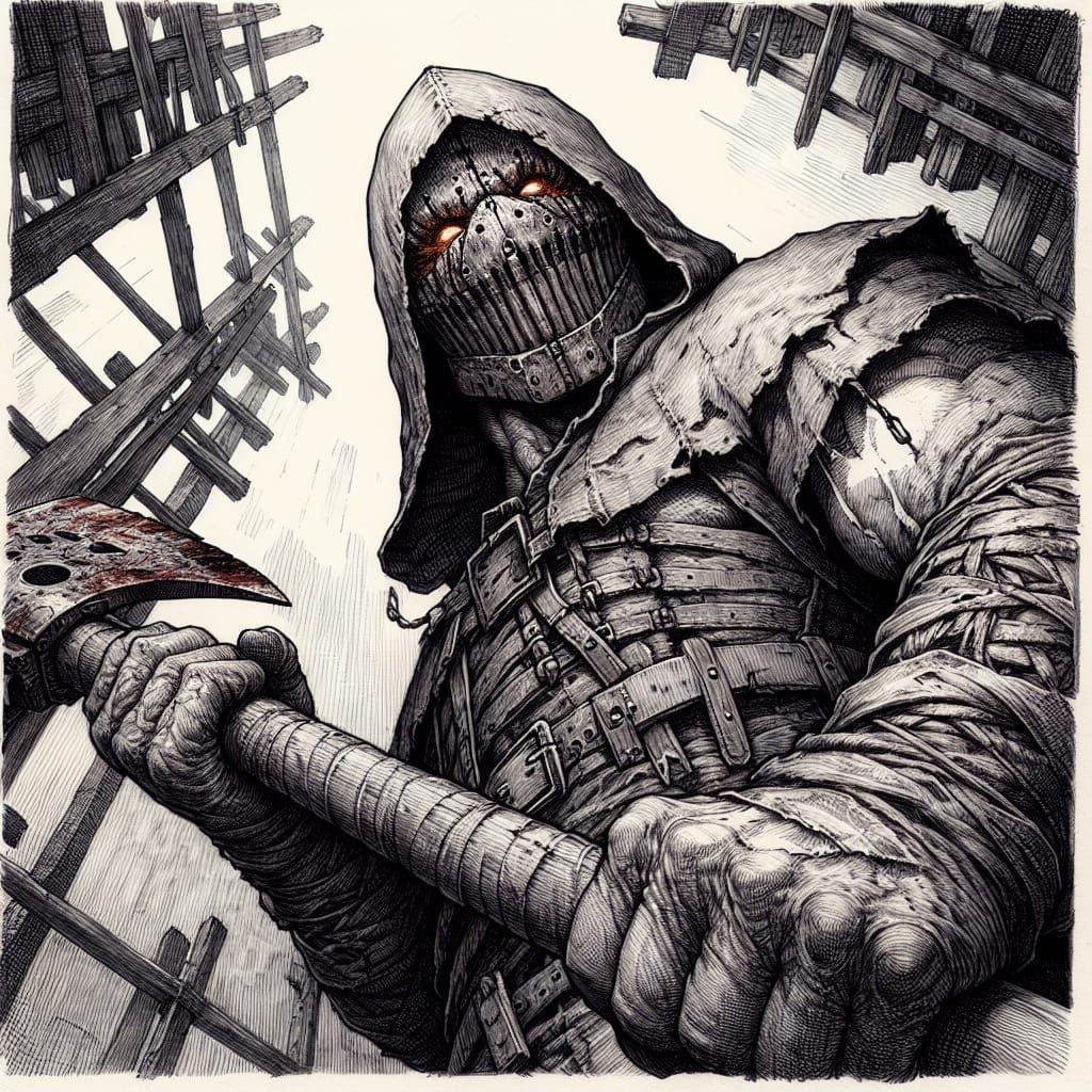 Imposing Masked Henchman with Axe in Gritty Inking Style