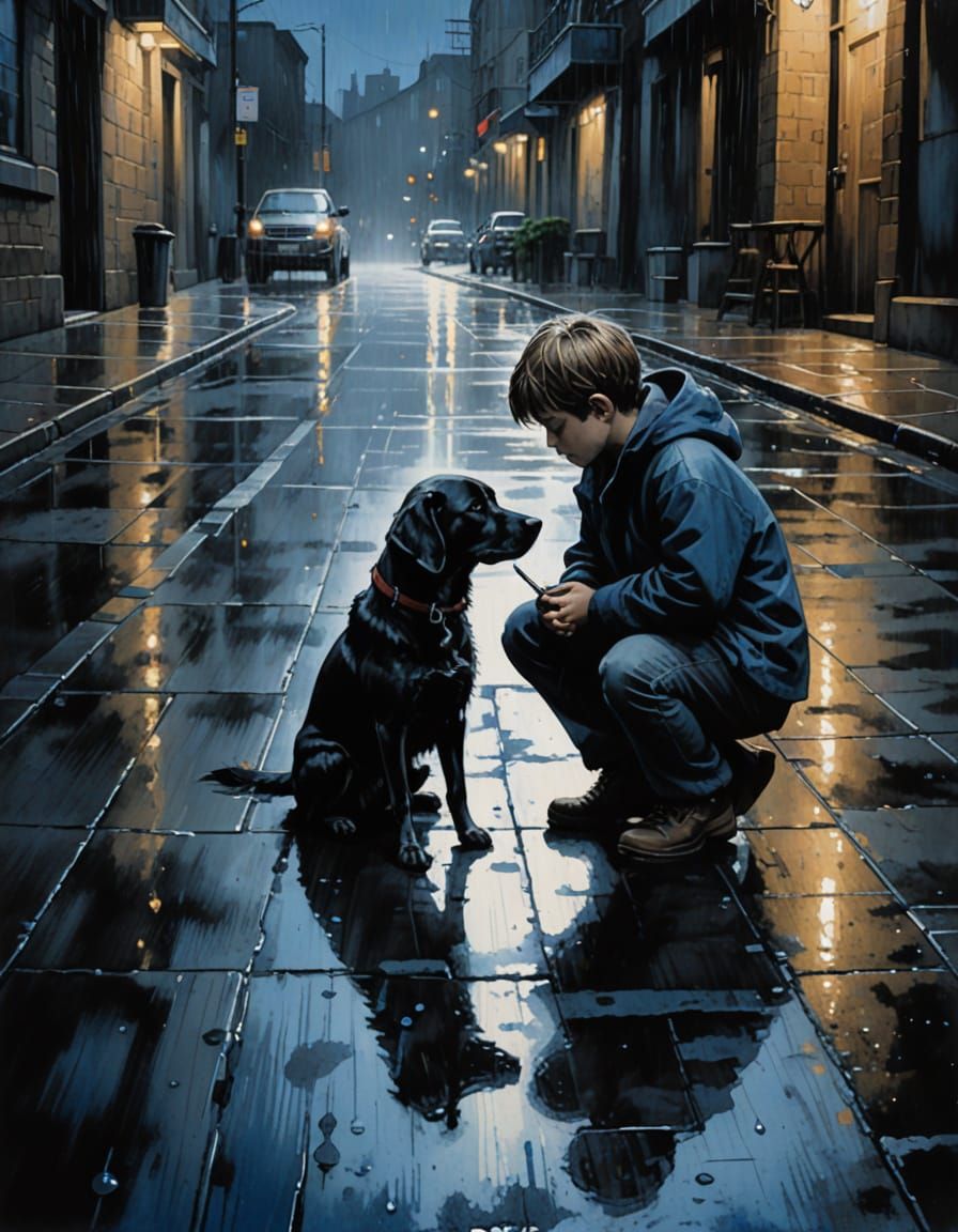 Child and Dog in Ink Wash Painting