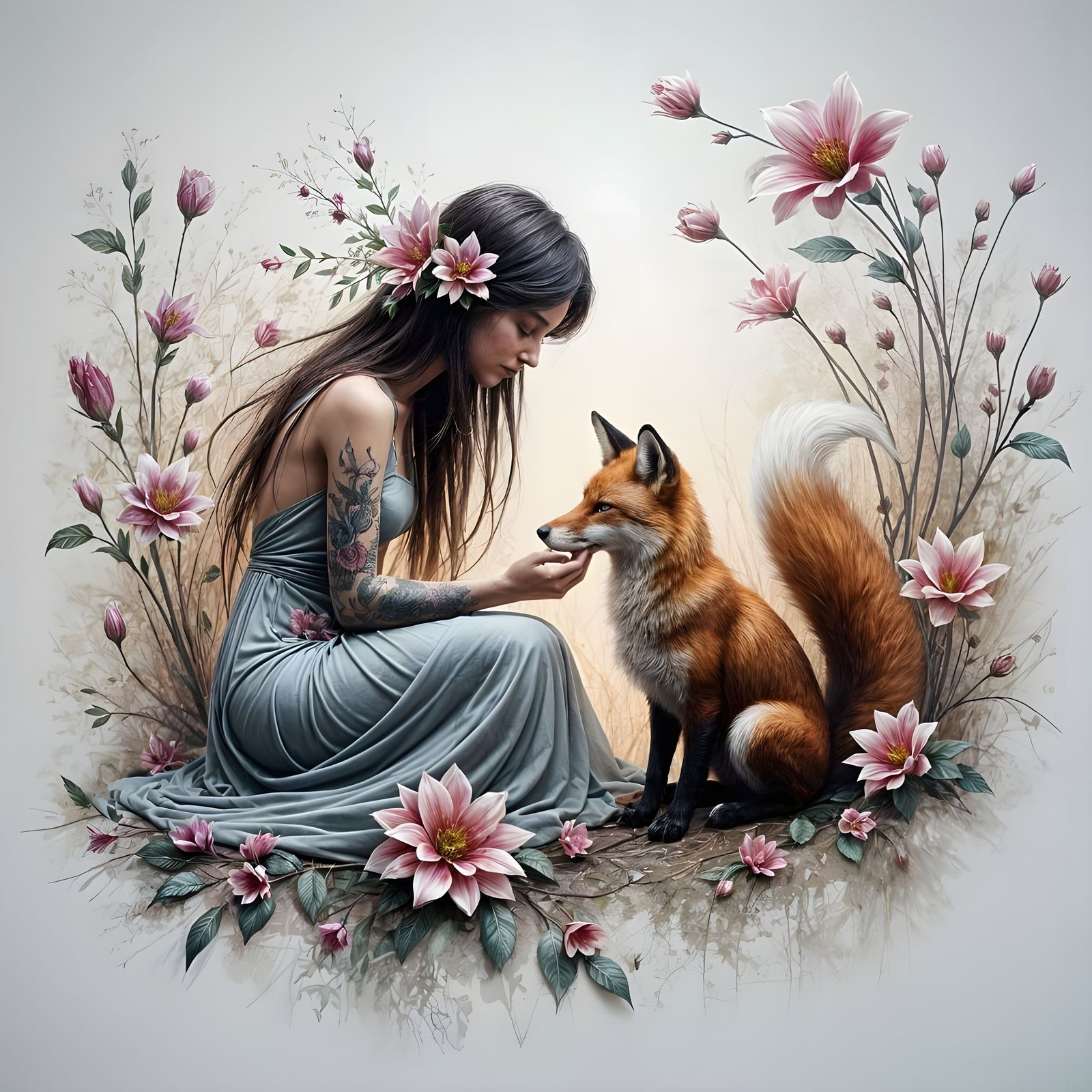 Woman and Fox in Carne Griffiths Style