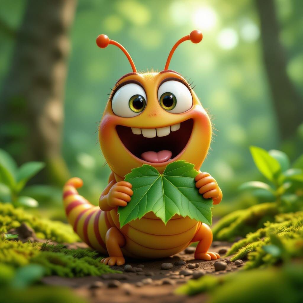 Excited Caterpillar with Goofy Grin in Pixar Style
