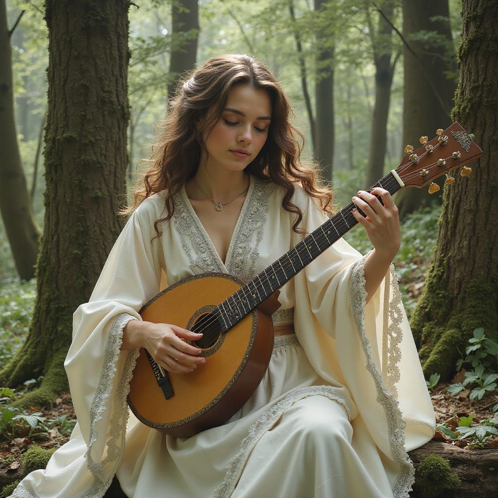 Georgianna the Bard in Mystical Forest, Art Nouveau Style