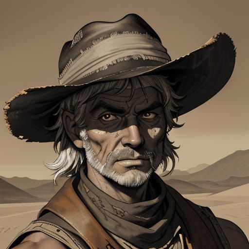 Rugged Desert Cowboy in Ink Wash Style