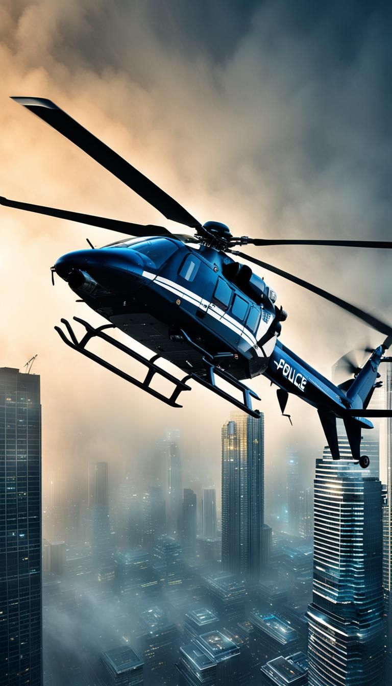 Futuristic Police Helicopter Patrolling a Dark City